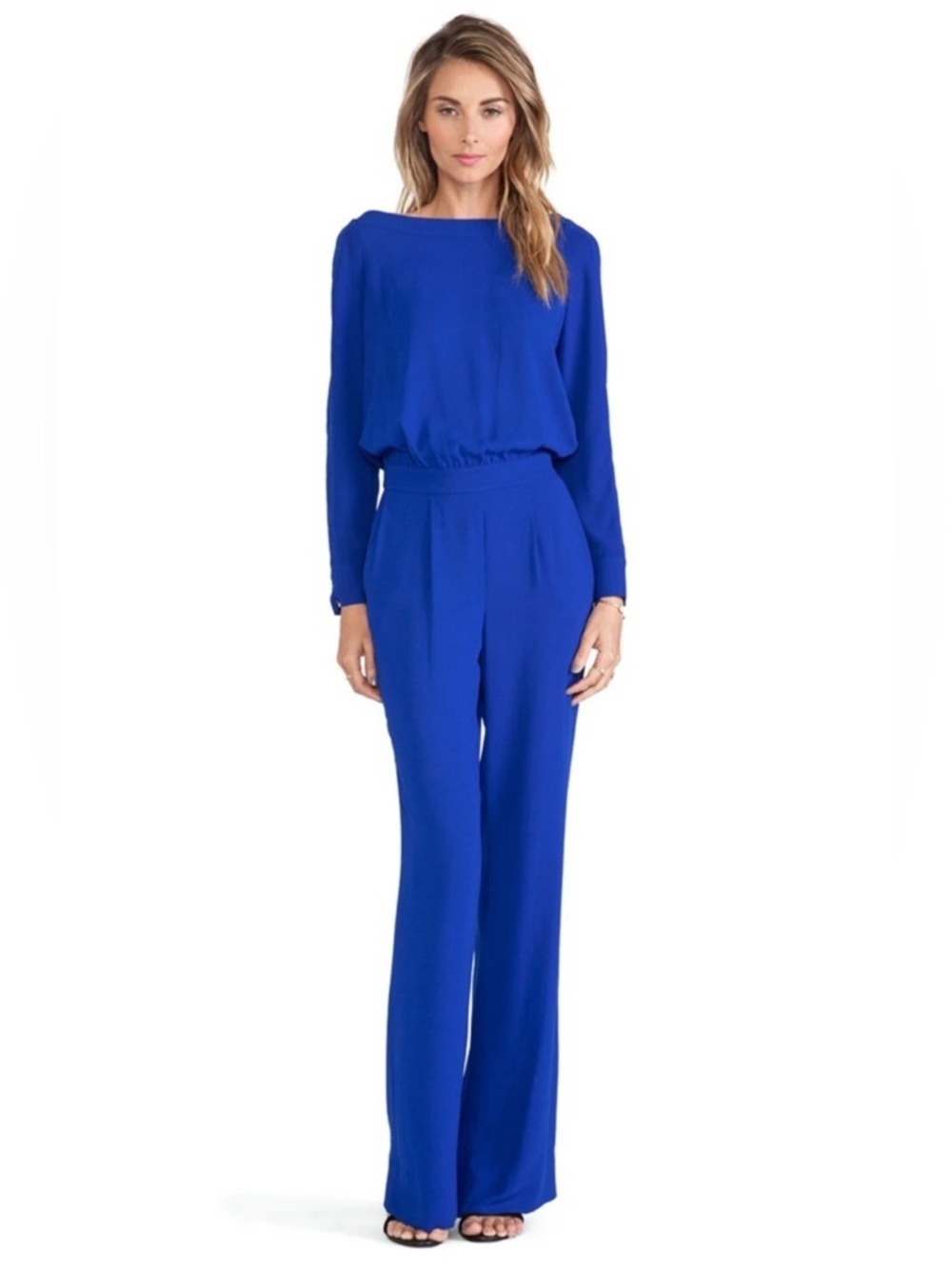 Diana Von Furstenberg DVF Royal Blue Cynthia Crepe Long Sleeve Jumpsuit Size 6